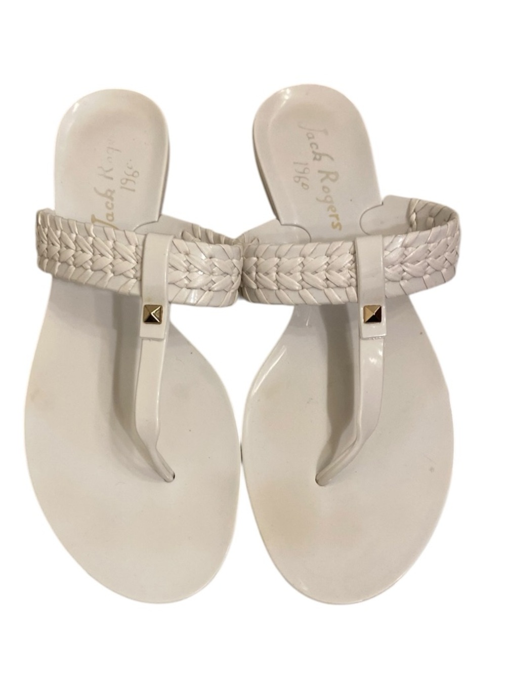 JACK ROGERS WHITE RUBBER BRAIDED THONG SANDALS WITH GOLD STUDS SIZE 9 FLIP FLOPS